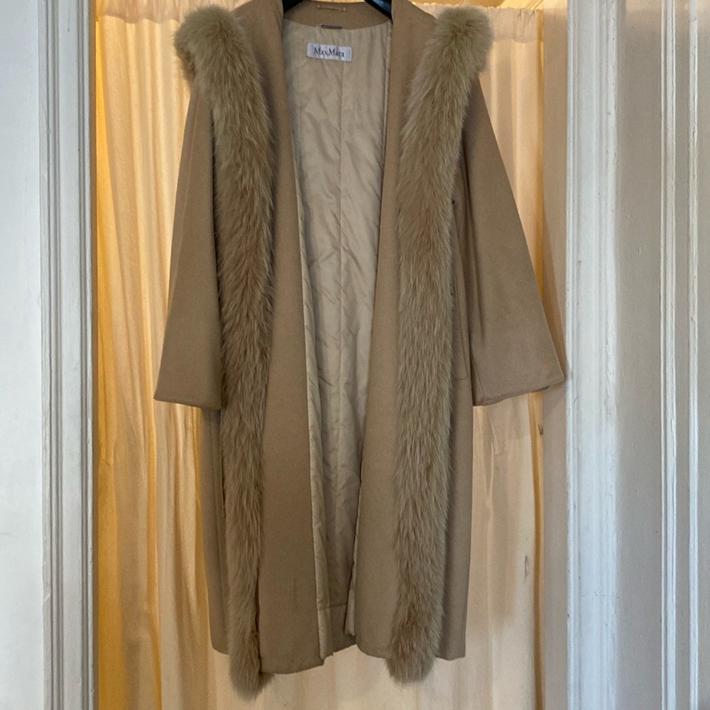Max Mara coat with fur trimmed hood.